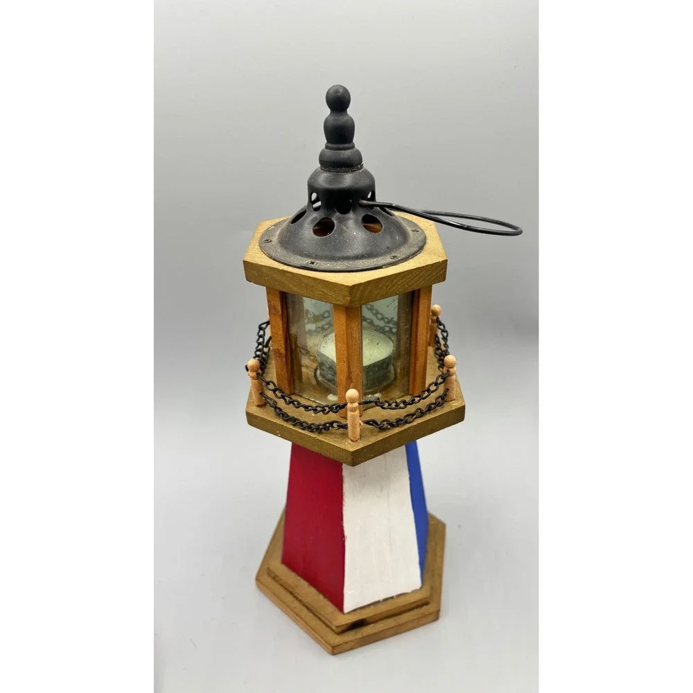Vtg Wooden Lighthouse Candle‎ Holder Glass Panels Nautical Decor